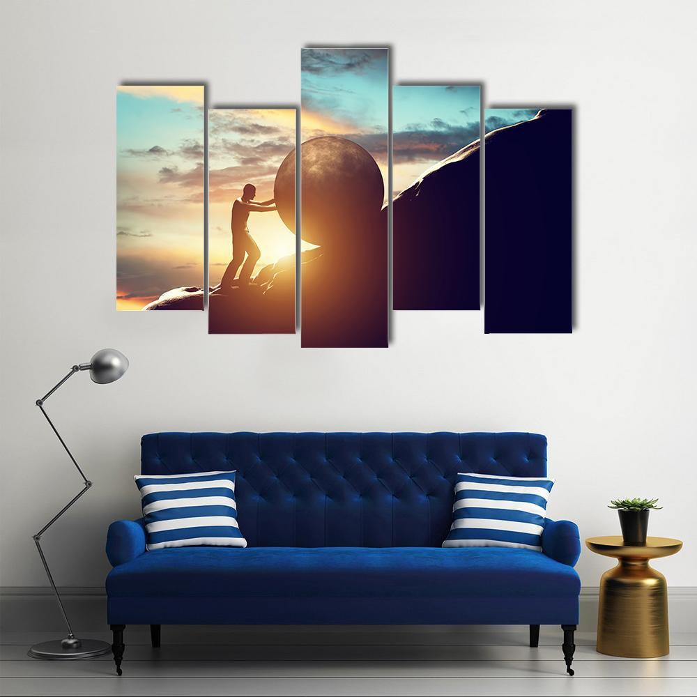 Man Rolling Ball Up Hill Canvas Wall Art-5 Pop-Gallery Wrap-47" x 32"-Tiaracle