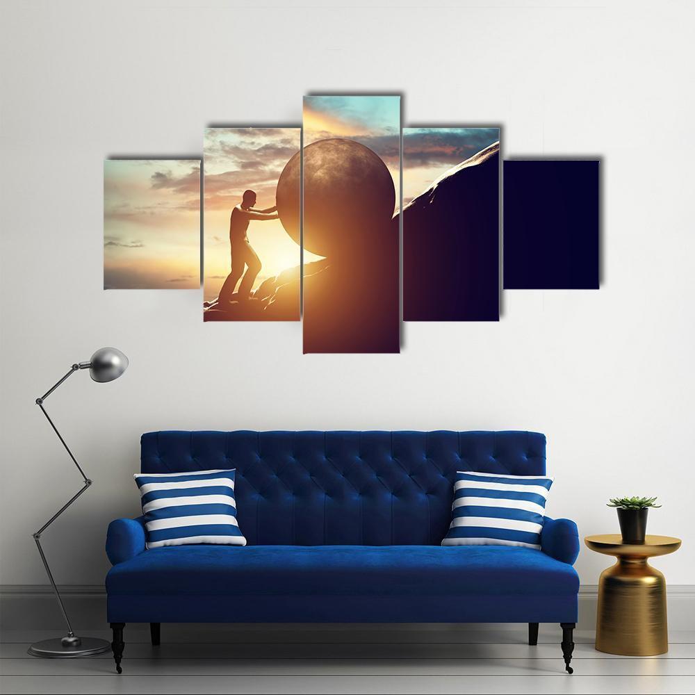 Man Rolling Ball Up Hill Canvas Wall Art-5 Star-Gallery Wrap-62" x 32"-Tiaracle