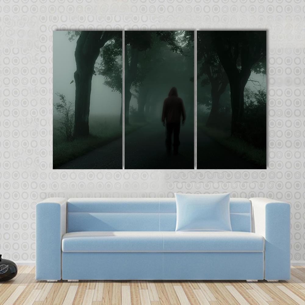 Man Silhouette In Dark Forest Canvas Wall Art-4 Pop-Gallery Wrap-50" x 32"-Tiaracle