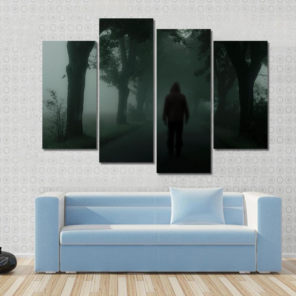Man Silhouette In Dark Forest Canvas Wall Art-4 Pop-Gallery Wrap-50" x 32"-Tiaracle
