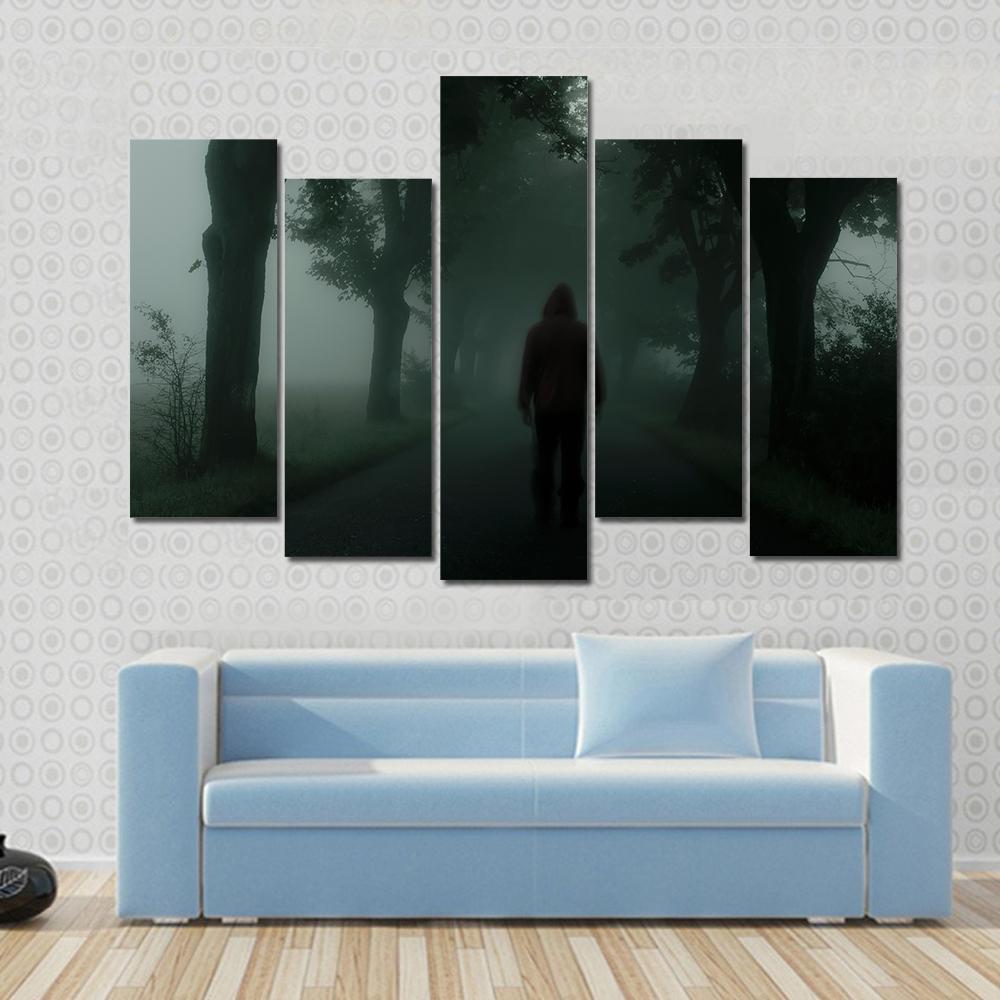 Man Silhouette In Dark Forest Canvas Wall Art-5 Pop-Gallery Wrap-47" x 32"-Tiaracle