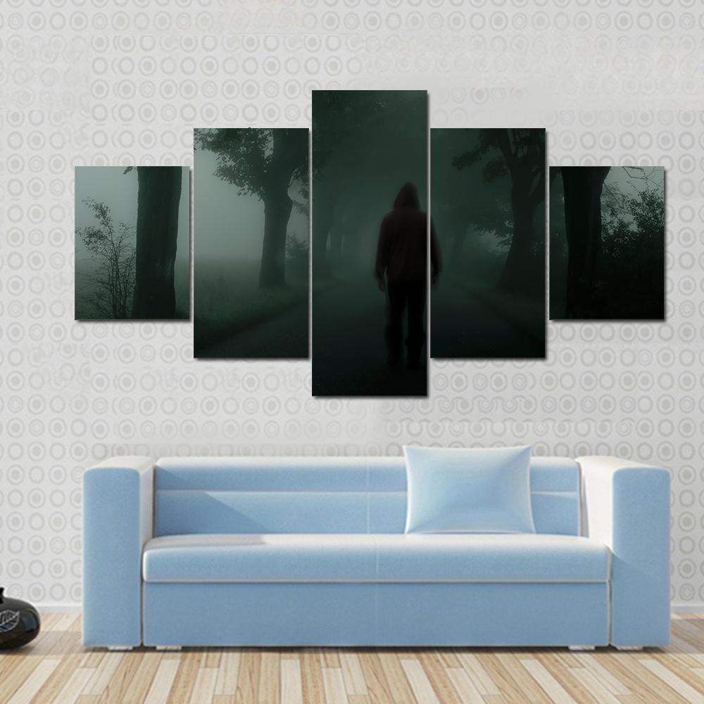 Man Silhouette In Dark Forest Canvas Wall Art-5 Star-Gallery Wrap-62" x 32"-Tiaracle