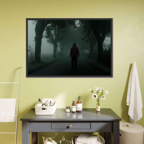 Man Silhouette in Dark Forest Canvas Wall Art in black, gray and green, framed canvas, product view on a white background