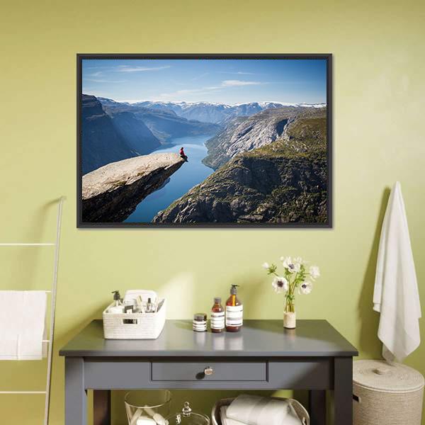 Man Sitting On Trolltunga Canvas Wall Art-1 Piece-Floating Frame-24" x 16"-Tiaracle