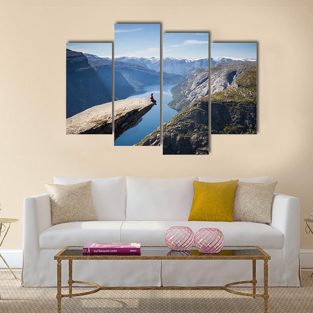 Man Sitting On Trolltunga Canvas Wall Art-4 Pop-Gallery Wrap-50" x 32"-Tiaracle
