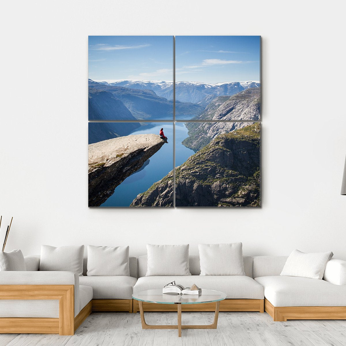 Man Sitting On Trolltunga Canvas Wall Art-4 Square-Gallery Wrap-17" x 17"-Tiaracle