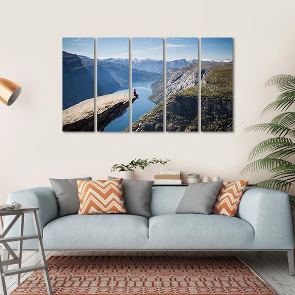 Man Sitting On Trolltunga Canvas Wall Art-5 Horizontal-Gallery Wrap-22" x 12"-Tiaracle