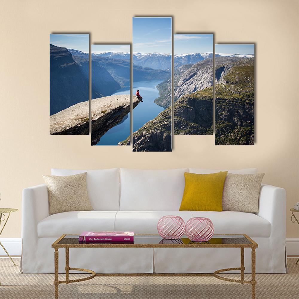 Man Sitting On Trolltunga Canvas Wall Art-5 Pop-Gallery Wrap-47" x 32"-Tiaracle