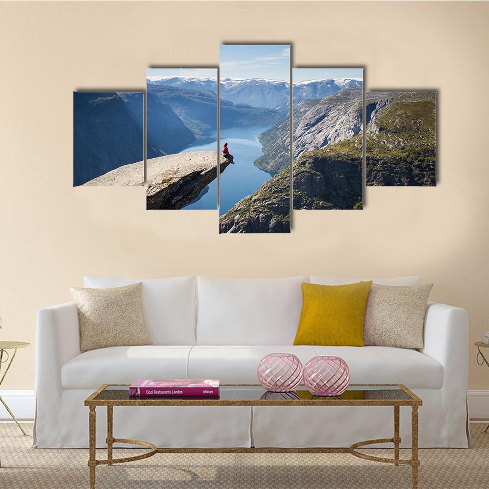 Man Sitting On Trolltunga Canvas Wall Art-5 Star-Gallery Wrap-62" x 32"-Tiaracle