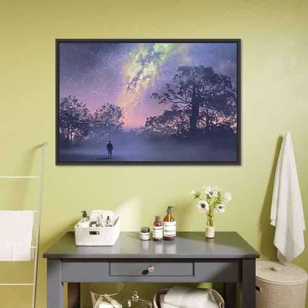 Man Standing Against Milky Way Canvas Wall Art-1 Piece-Floating Frame-24" x 16"-Tiaracle