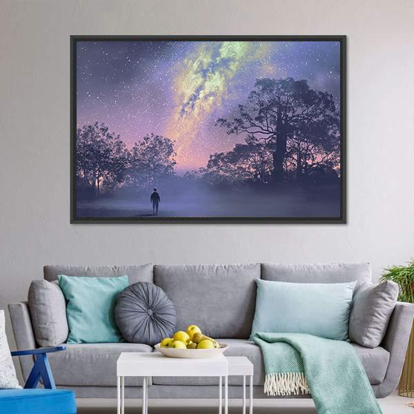 Man Standing Against Milky Way Canvas Wall Art-3 Horizontal-Gallery Wrap-25" x 16"-Tiaracle