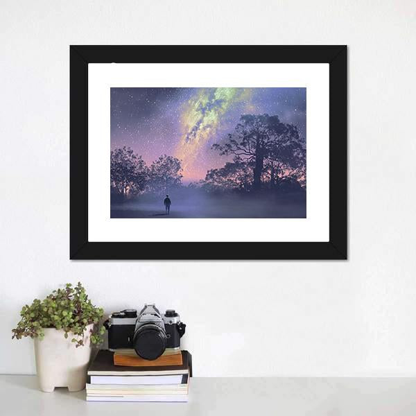Man Standing Against Milky Way Canvas Wall Art-1 Piece-Framed Print-20" x 16"-Tiaracle