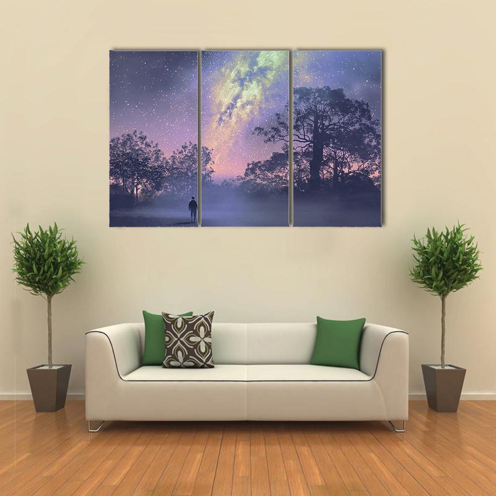 Man Standing Against Milky Way Canvas Wall Art-5 Pop-Gallery Wrap-47" x 32"-Tiaracle