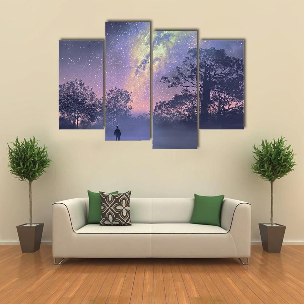 Man Standing Against Milky Way Canvas Wall Art-4 Pop-Gallery Wrap-50" x 32"-Tiaracle
