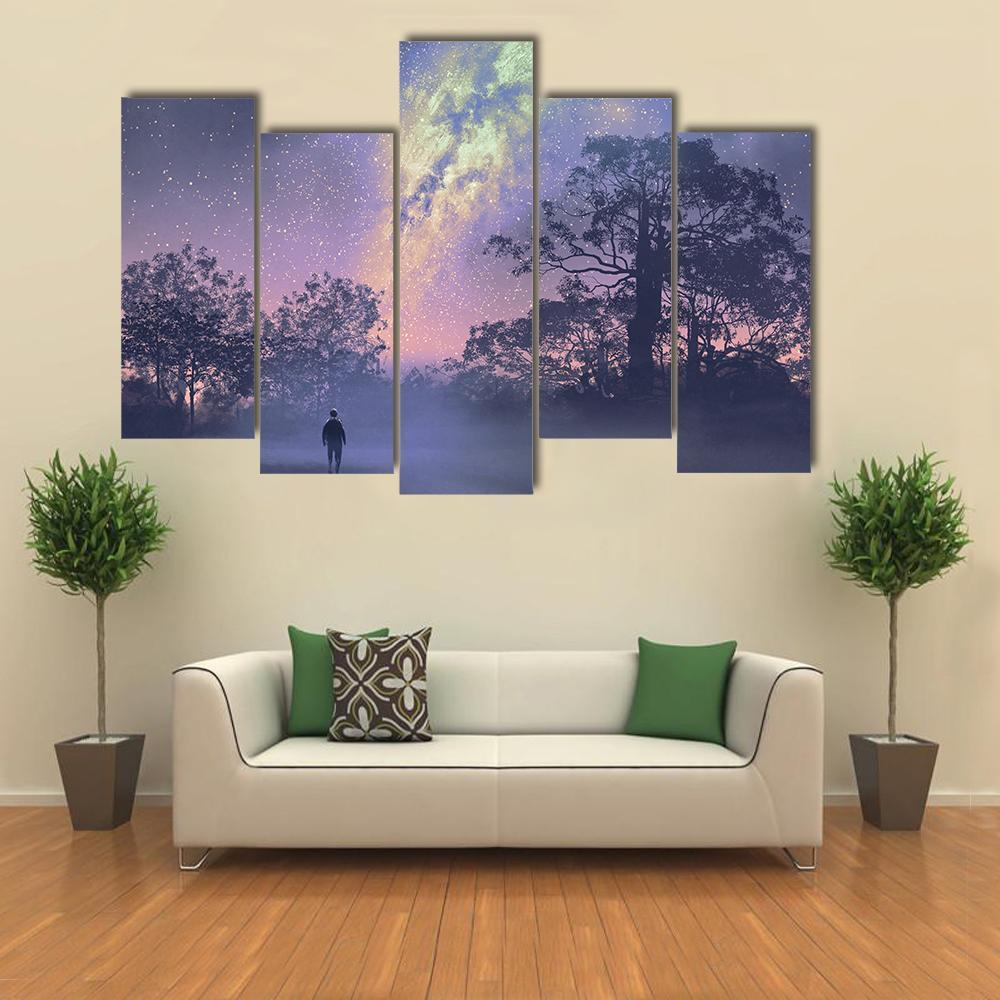 Man Standing Against Milky Way Canvas Wall Art-5 Pop-Gallery Wrap-47" x 32"-Tiaracle