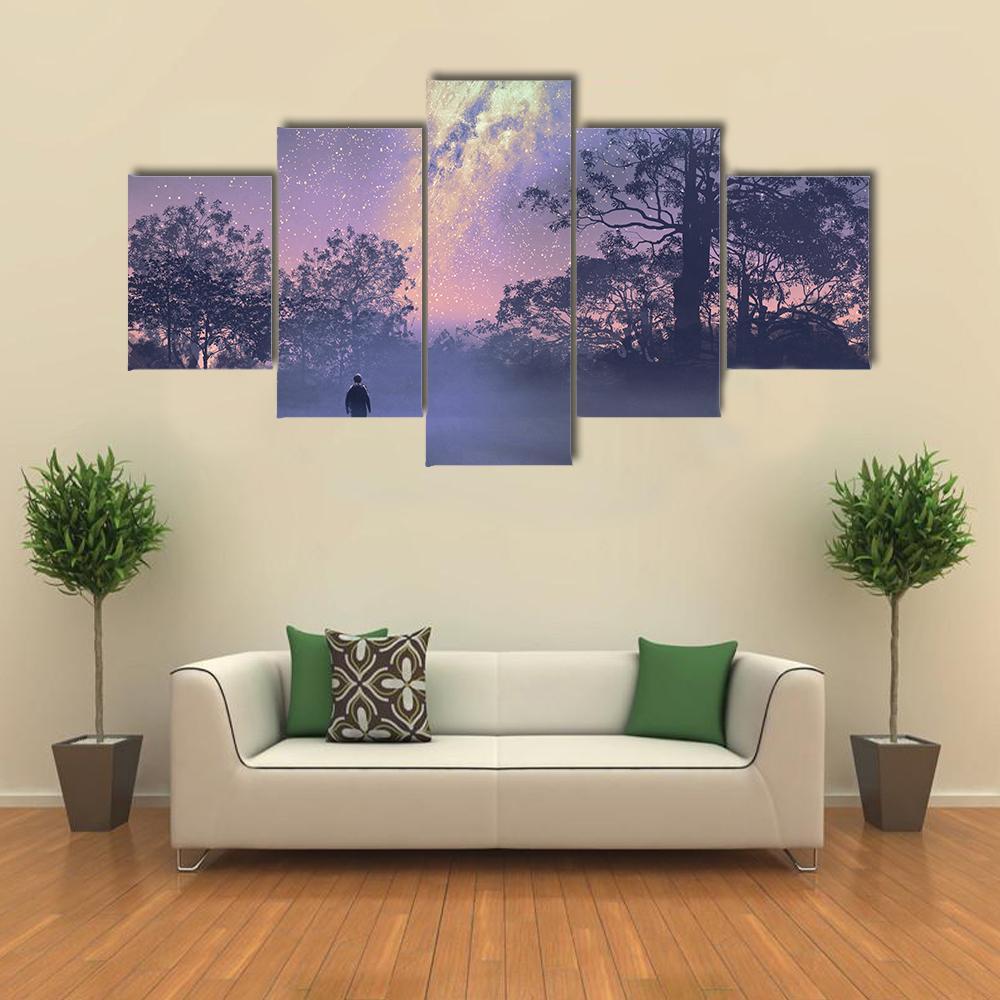 Man Standing Against Milky Way Canvas Wall Art-5 Star-Gallery Wrap-62" x 32"-Tiaracle