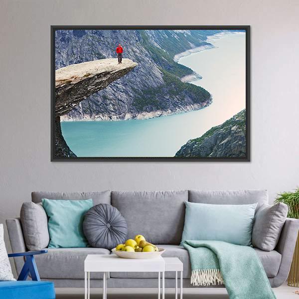 Man Standing At Trolltunga Canvas Wall Art-3 Horizontal-Gallery Wrap-25" x 16"-Tiaracle
