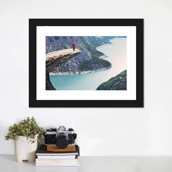 Man Standing At Trolltunga Canvas Wall Art-1 Piece-Framed Print-20" x 16"-Tiaracle