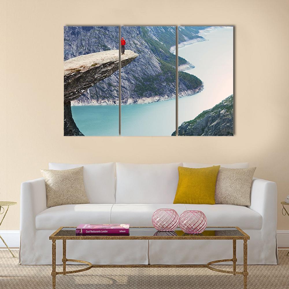 Man Standing At Trolltunga Canvas Wall Art-3 Horizontal-Gallery Wrap-37" x 24"-Tiaracle