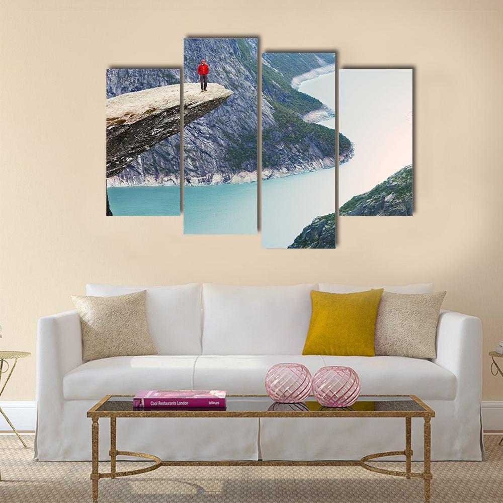 Man Standing At Trolltunga Canvas Wall Art-4 Pop-Gallery Wrap-50" x 32"-Tiaracle