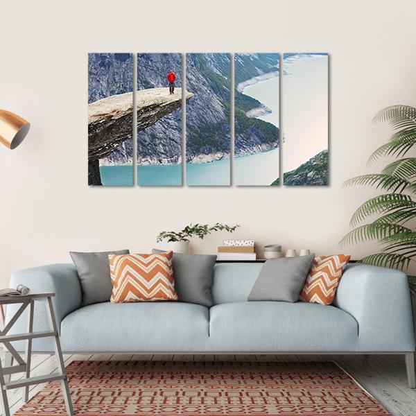 Man Standing At Trolltunga Canvas Wall Art-5 Horizontal-Gallery Wrap-22" x 12"-Tiaracle