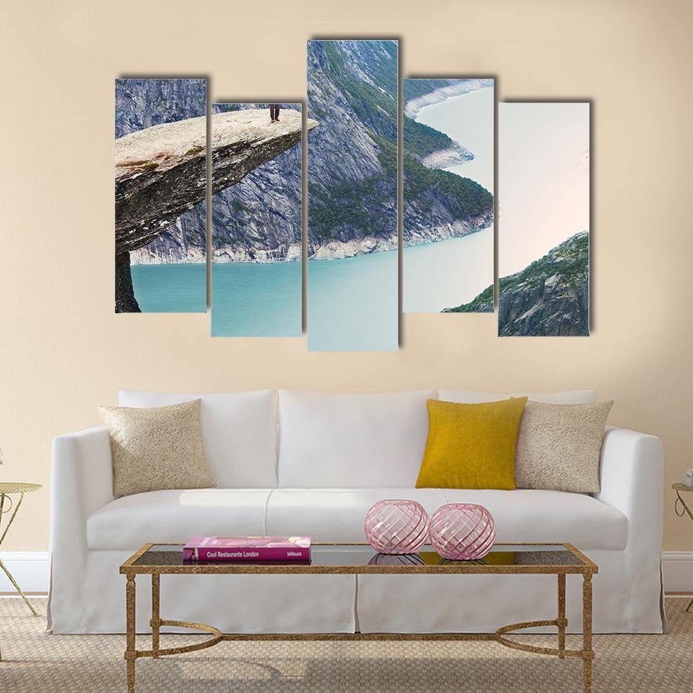 Man Standing At Trolltunga Canvas Wall Art-5 Pop-Gallery Wrap-47" x 32"-Tiaracle