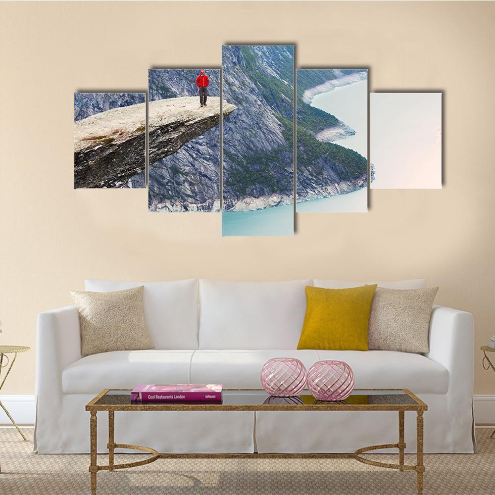 Man Standing At Trolltunga Canvas Wall Art-5 Star-Gallery Wrap-62" x 32"-Tiaracle