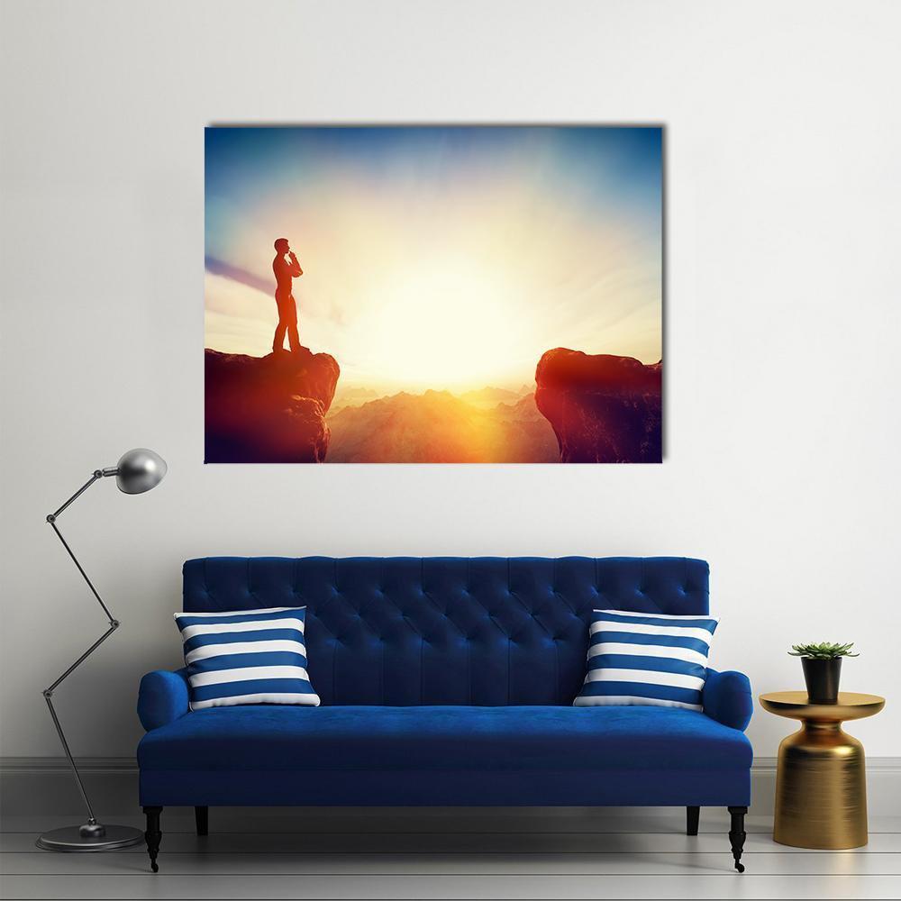 Man Standing On Mountain Canvas Wall Art-5 Horizontal-Gallery Wrap-22" x 12"-Tiaracle