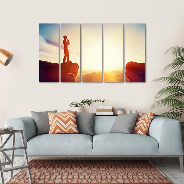 Man Standing On Mountain Canvas Wall Art-5 Horizontal-Gallery Wrap-22" x 12"-Tiaracle