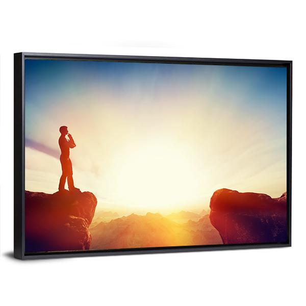 Man Standing On Mountain Canvas Wall Art-3 Horizontal-Gallery Wrap-25" x 16"-Tiaracle