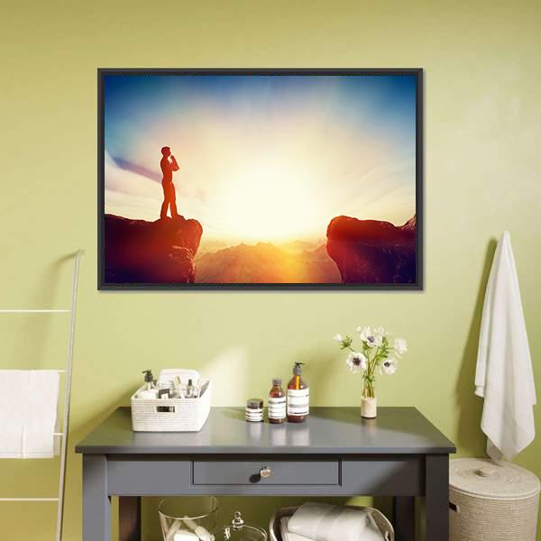 Man Standing On Mountain Canvas Wall Art-1 Piece-Floating Frame-24" x 16"-Tiaracle