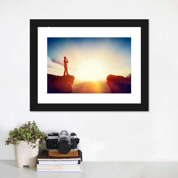 Man Standing On Mountain Canvas Wall Art-1 Piece-Framed Print-20" x 16"-Tiaracle