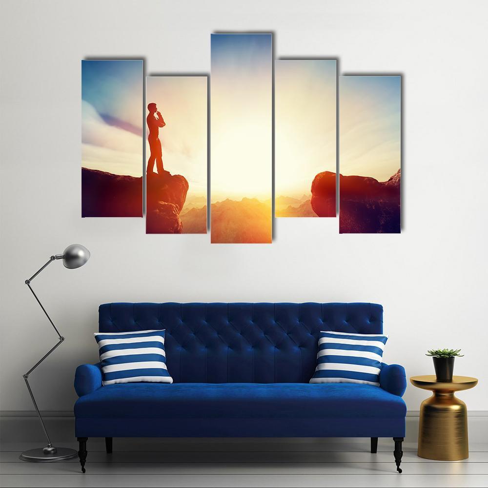 Man Standing On Mountain Canvas Wall Art-5 Pop-Gallery Wrap-47" x 32"-Tiaracle