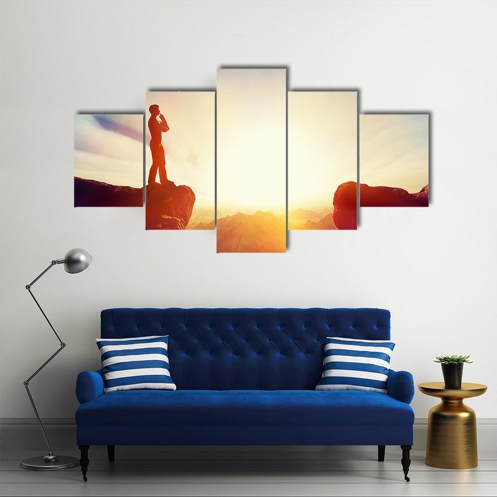 Man Standing On Mountain Canvas Wall Art-5 Star-Gallery Wrap-62" x 32"-Tiaracle
