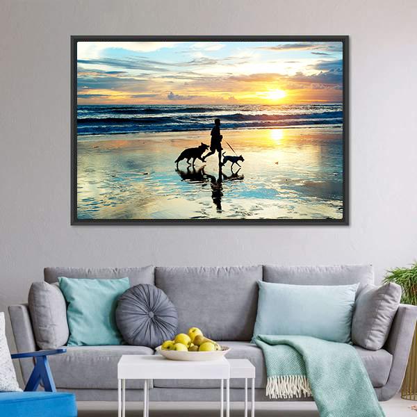 Man With Dogs On Beach Panoramic Canvas Wall Art-1 Piece-36" x 12"-Tiaracle