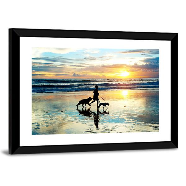 Man With Dogs On Beach Panoramic Canvas Wall Art-1 Piece-36" x 12"-Tiaracle