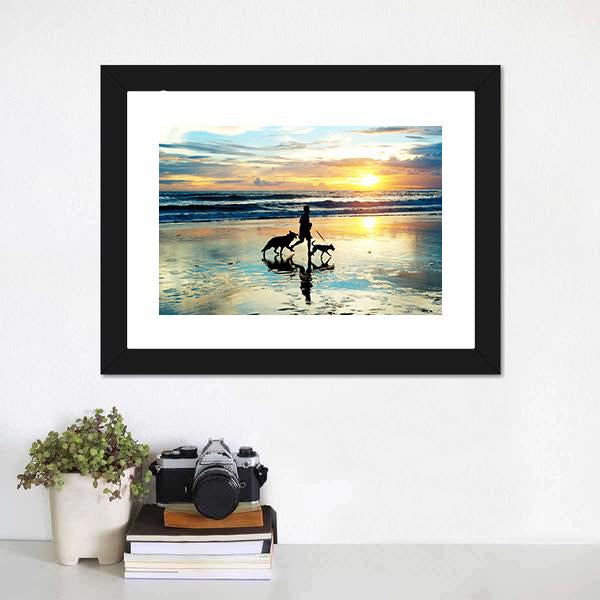 Man With Dogs On Beach Panoramic Canvas Wall Art-1 Piece-36" x 12"-Tiaracle