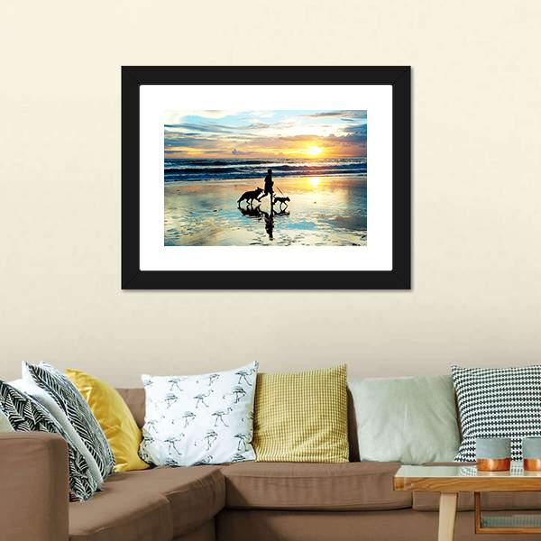 Man With Dogs On Beach Panoramic Canvas Wall Art-1 Piece-36" x 12"-Tiaracle