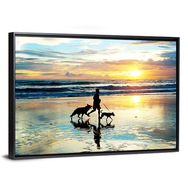 Man With Dogs On Beach Panoramic Canvas Wall Art-1 Piece-36" x 12"-Tiaracle