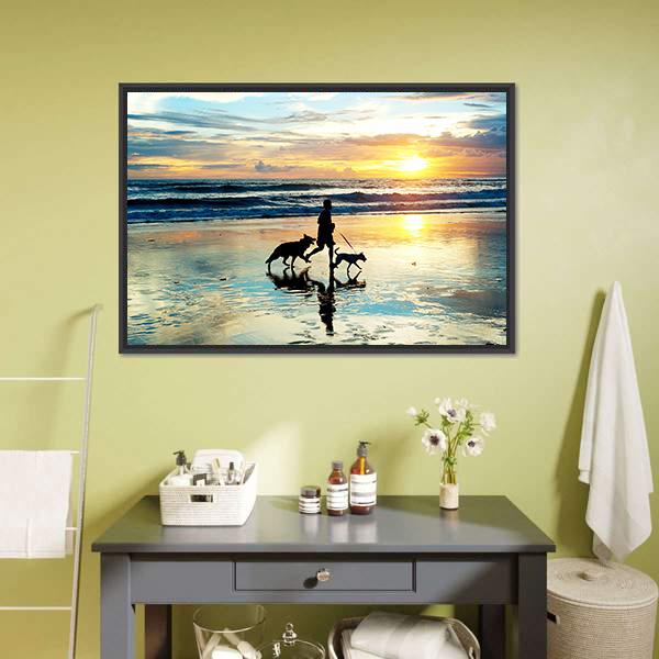 Man With Dogs On Beach Panoramic Canvas Wall Art-1 Piece-36" x 12"-Tiaracle