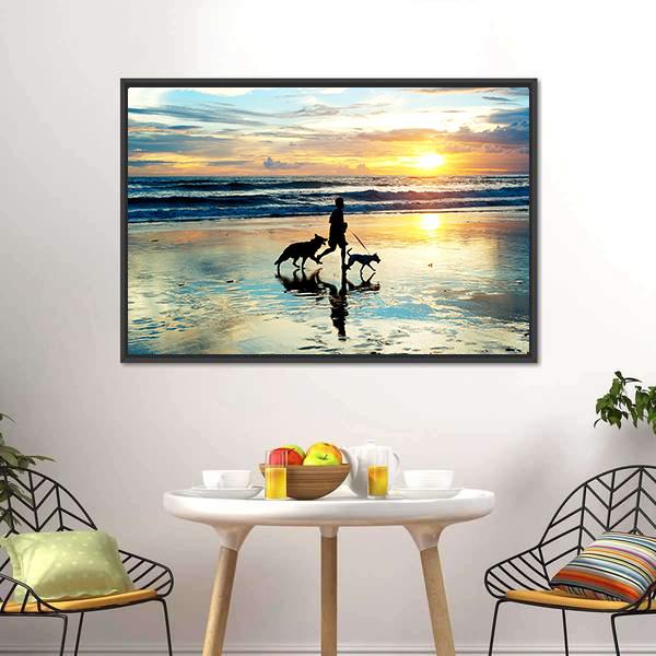 Man With Dogs On Beach Panoramic Canvas Wall Art-1 Piece-36" x 12"-Tiaracle