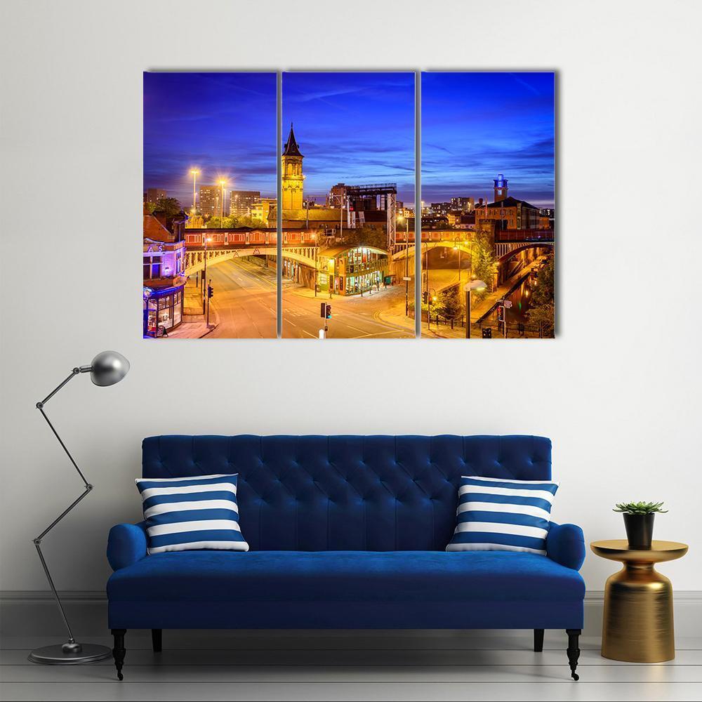 Manchester City At Night Canvas Wall Art-3 Horizontal-Gallery Wrap-37" x 24"-Tiaracle
