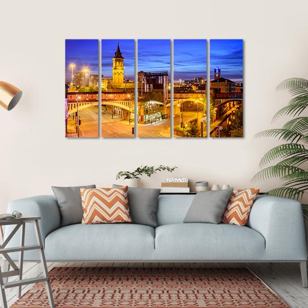 Manchester City At Night Canvas Wall Art-5 Horizontal-Gallery Wrap-22" x 12"-Tiaracle