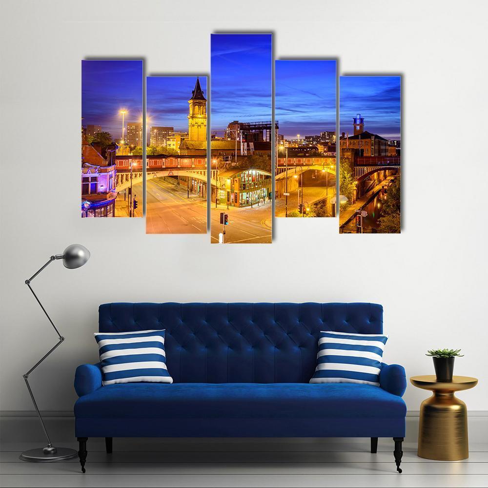 Manchester City At Night Canvas Wall Art-5 Pop-Gallery Wrap-47" x 32"-Tiaracle