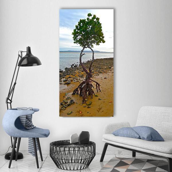 Mangrove with Exposed Roots on Stony Shore Vertical Canvas Wall Art in brown, green and blue, single vertical panel hung on a wall