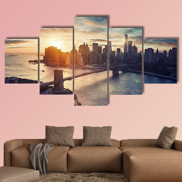 Manhattan After Sunset Canvas Wall Art-5 Star-Gallery Wrap-62" x 32"-Tiaracle
