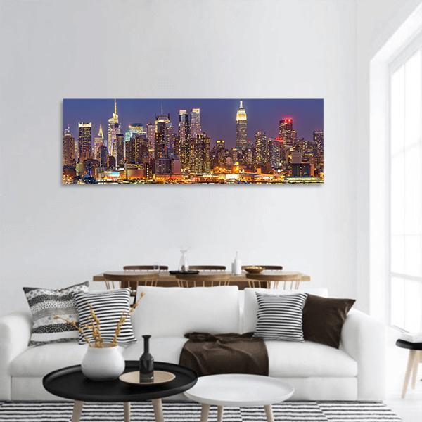 Manhattan At Night Panoramic Canvas Wall Art-3 Piece-25" x 08"-Tiaracle