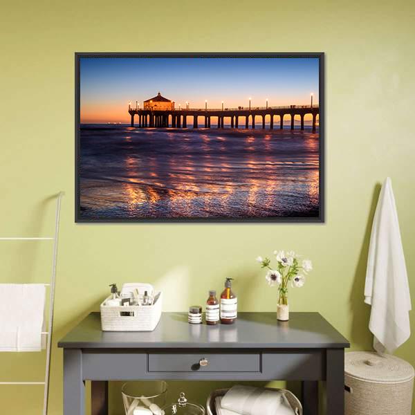 Manhattan Beach Pier at Sunset Canvas Wall Art in orange, yellow and blue, framed canvas, product view on a white background