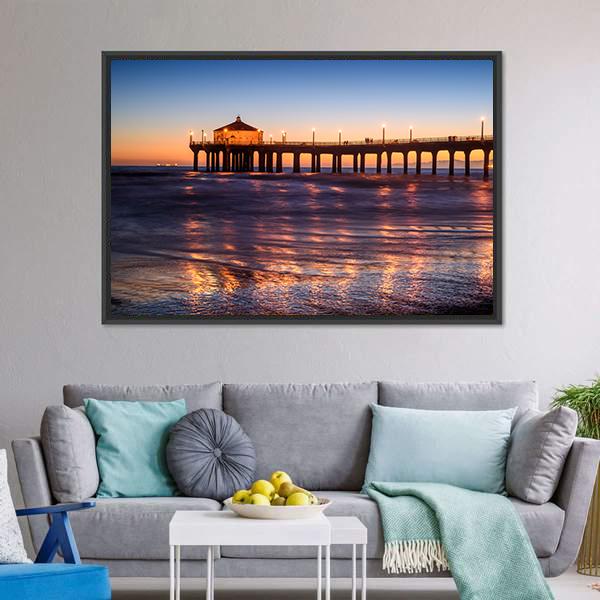 Manhattan Beach Pier At Sunset Canvas Wall Art-3 Horizontal-Gallery Wrap-25" x 16"-Tiaracle