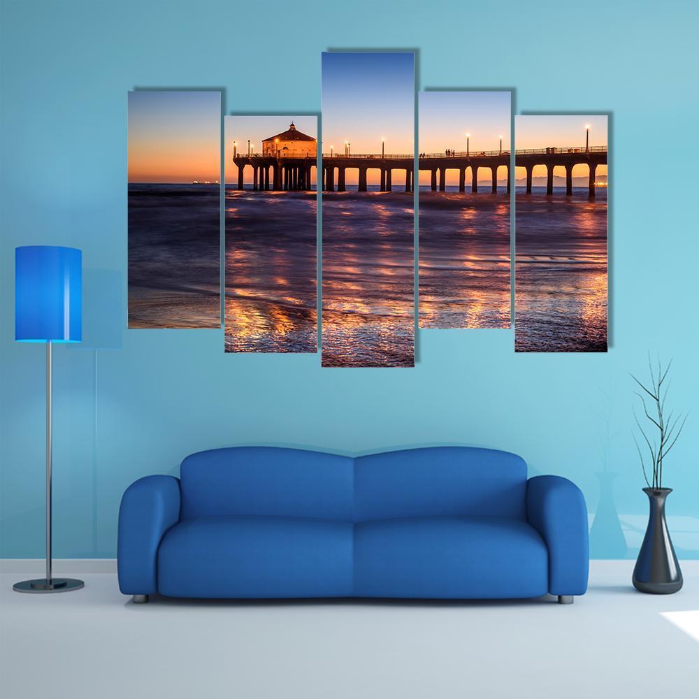 Manhattan Beach Pier At Sunset Canvas Wall Art-5 Pop-Gallery Wrap-47" x 32"-Tiaracle